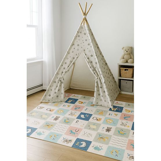200x180 cm-es habszivacs gyerek játszószőnyeg, oktató, kétoldalas, növekedési skála, ábécé, ECOTOYS