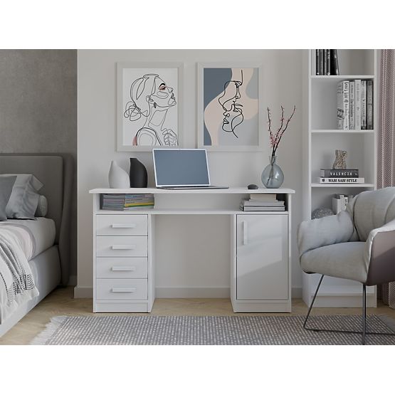 ADA ÍRÓASZTAL FEHÉR 125 cm 4 Fiók Szekrény Polcok Irodába Szobába Laptophoz