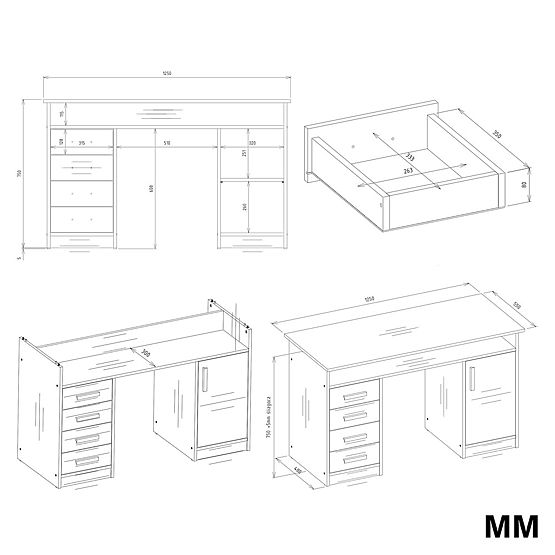 ADA ÍRÓASZTAL FEHÉR 125 cm 4 Fiók Szekrény Polcok Irodába Szobába Laptophoz