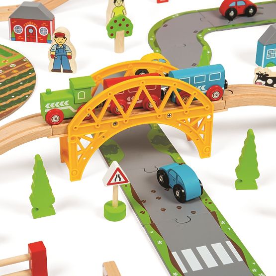 Bigjigs Rail Fa vonatpálya országúttal 80 részes