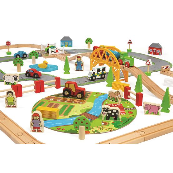 Bigjigs Rail Fa vonatpálya országúttal 80 részes