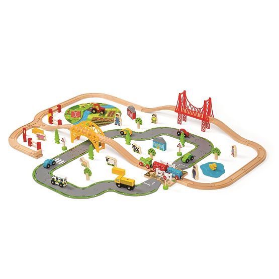 Bigjigs Rail Fa vonatpálya országúttal 80 részes