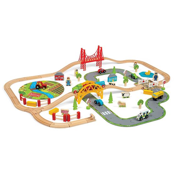 Bigjigs Rail Fa vonatpálya országúttal 80 részes
