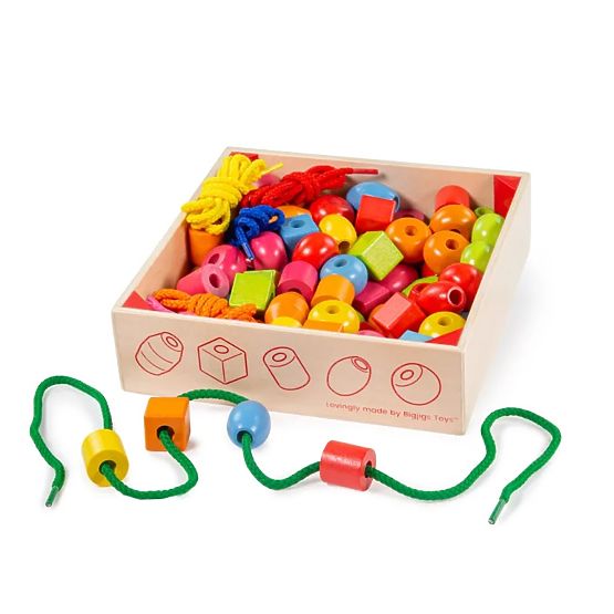 Bigjigs Toys Fa fűzős gyöngyök tégelyben