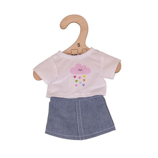 Bigjigs Toys Fehér póló farmer szoknyával 28 cm-es babáknak