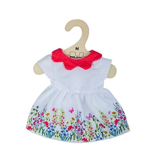 Bigjigs Toys Fehér virágos ruha piros gallérral 34 cm-es babának