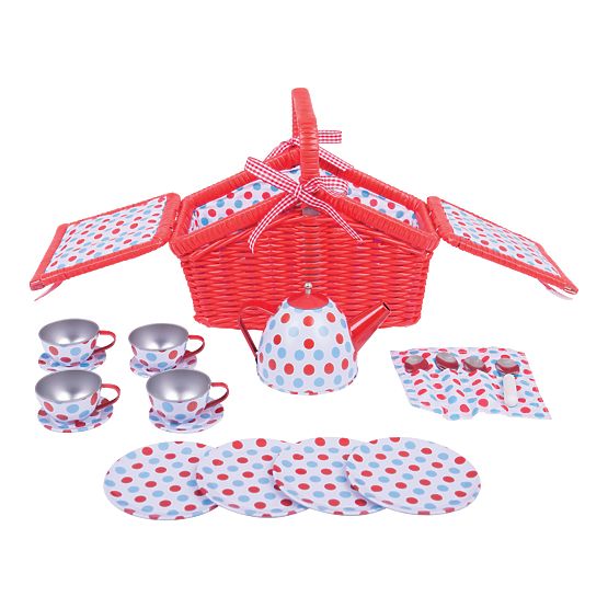 Bigjigs Toys Pöttyös teáskészlet piknikkosárban