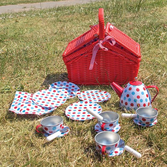 Bigjigs Toys Pöttyös teáskészlet piknikkosárban