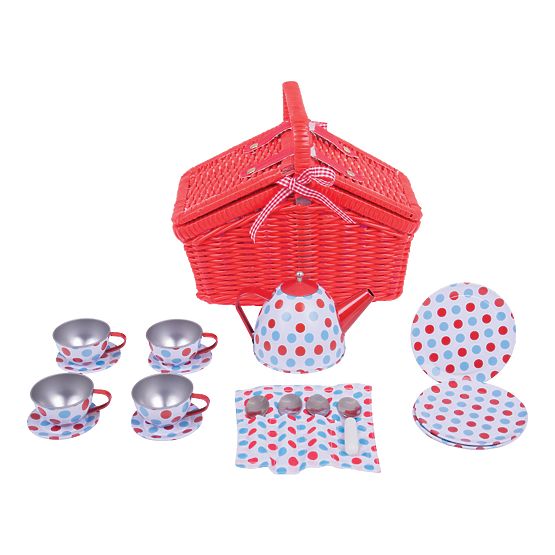 Bigjigs Toys Pöttyös teáskészlet piknikkosárban