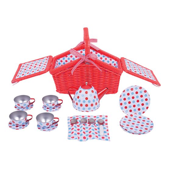 Bigjigs Toys Pöttyös teáskészlet piknikkosárban