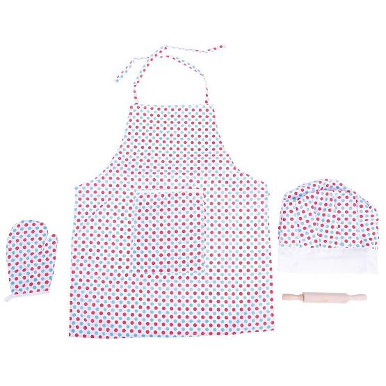 Bigjigs Toys szakácskészlet pöttyös köténykével