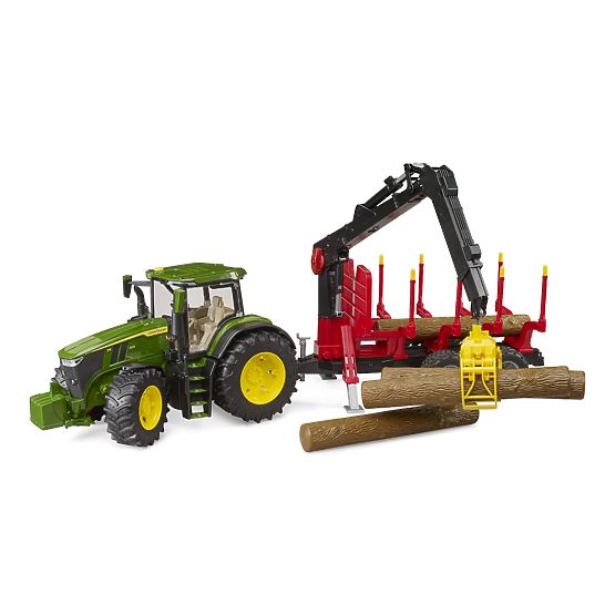 Bruder John Deere 7R 350 traktor hátsó pótkocsival és 4 rönkkel