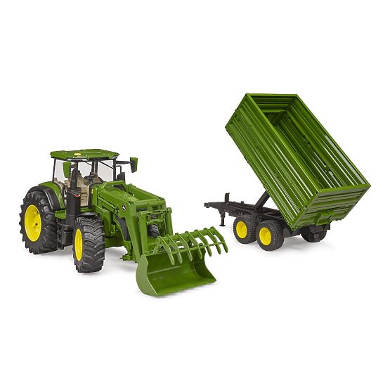 Bruder John Deere 7R 350 traktor homlokrakodóval és tandem szállító utánfutóval