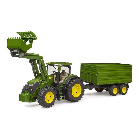 Bruder John Deere 7R 350 traktor homlokrakodóval és tandem szállító utánfutóval