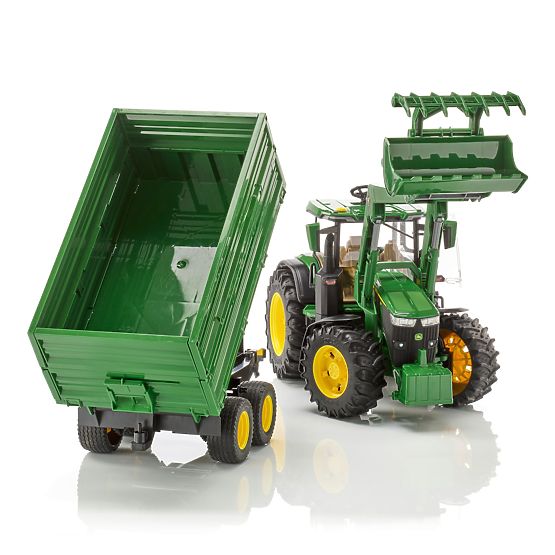 Bruder John Deere 7R 350 traktor homlokrakodóval és tandem szállító utánfutóval