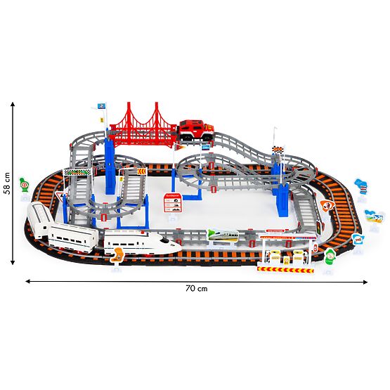 Elektromos vonat és autó két pályával, város, 108 elem
