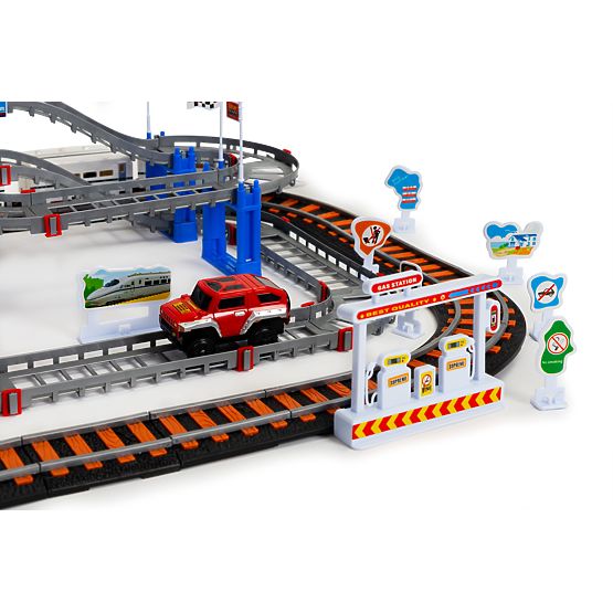 Elektromos vonat és autó két pályával, város, 108 elem