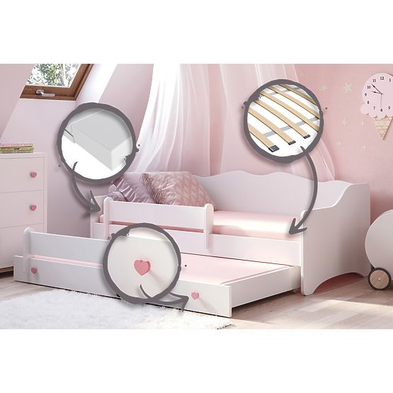 EMMA kétszemélyes ágy fiókkal és korláttal 160x80 rózsaszín fogantyú