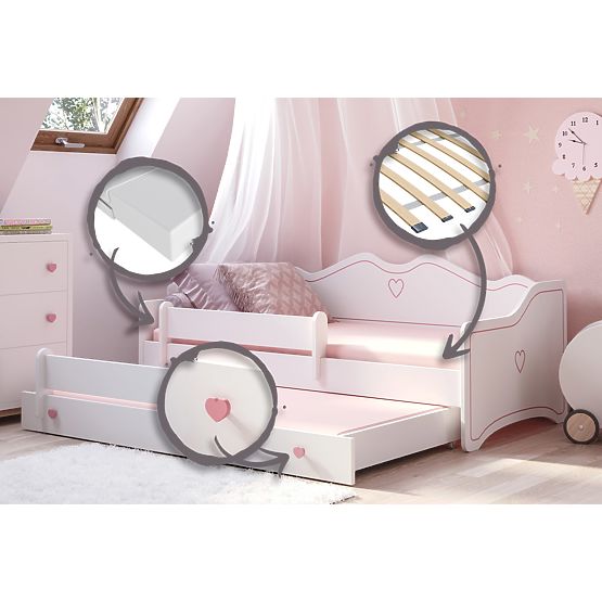 EMMA kétszemélyes ágy fiókkal és korláttal 160x80 rózsaszín