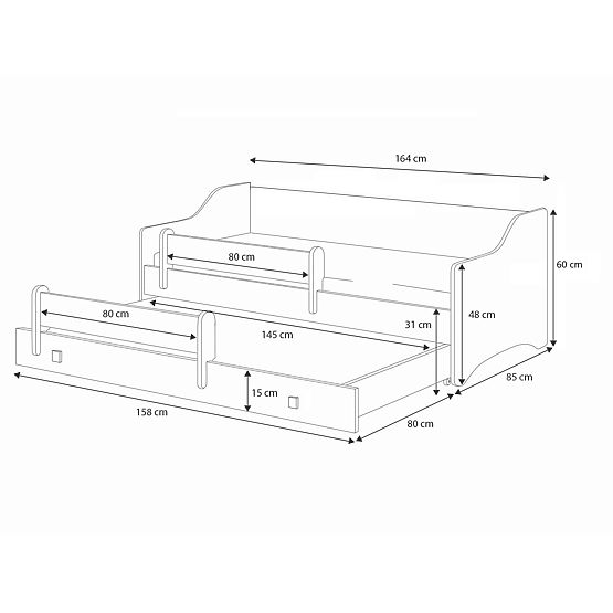 ERYK kétszemélyes ágy fiókkal és korláttal 160x80 fekete fogantyú