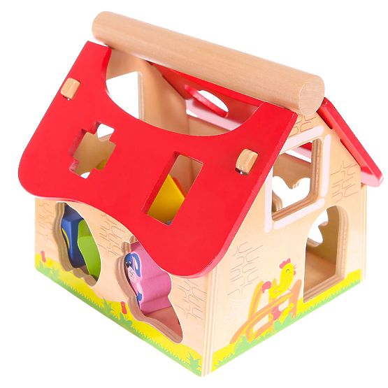 Fa formájú fa házikó, formaválogató kockákkal ECOTOYS