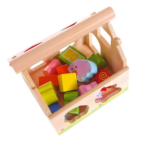 Fa formájú fa házikó, formaválogató kockákkal ECOTOYS