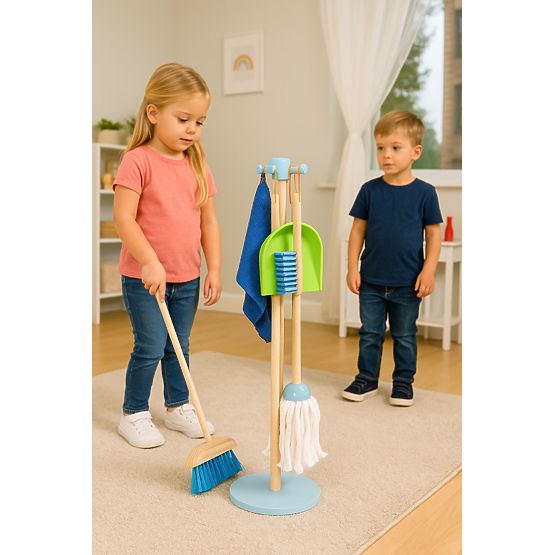 Fa gyermek takarítókészlet mop seprűvel és lapáttal, 7 elemes ECOTOYS