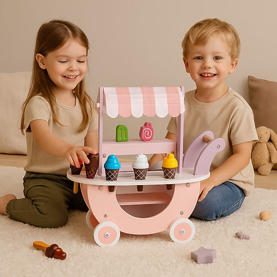 Fa játékkocsi gyerekeknek fagylaltozó 12 elemmel ECOTOYS