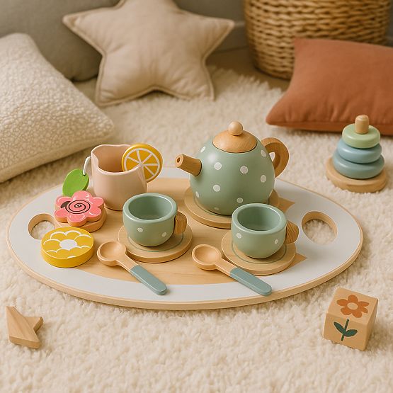 Fa játéktea készlet teáskanna csészékkel, 14 darabos ECOTOYS