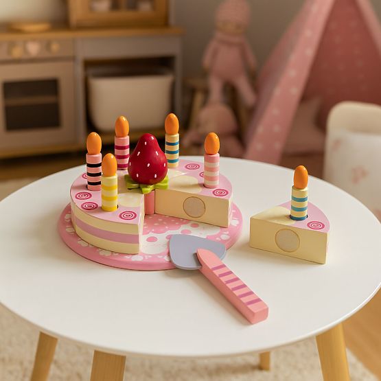 Fa születésnapi torta készlet tépőzárral, gyertyákkal és eperrel gyerekeknek, 15 elemes ECOTOYS