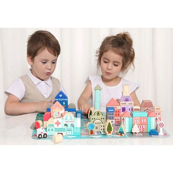 Fa városi oktatókockák alátéttel 115 db ECOTOYS