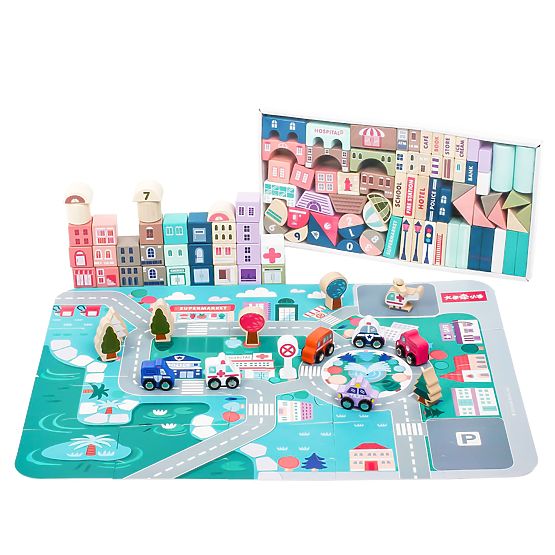 Fa városi oktatókockák alátéttel 115 db ECOTOYS