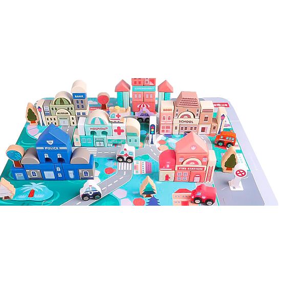 Fa városi oktatókockák alátéttel 115 db ECOTOYS