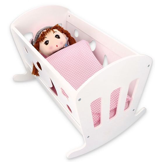 Fából készült bölcső paplanos babák számára