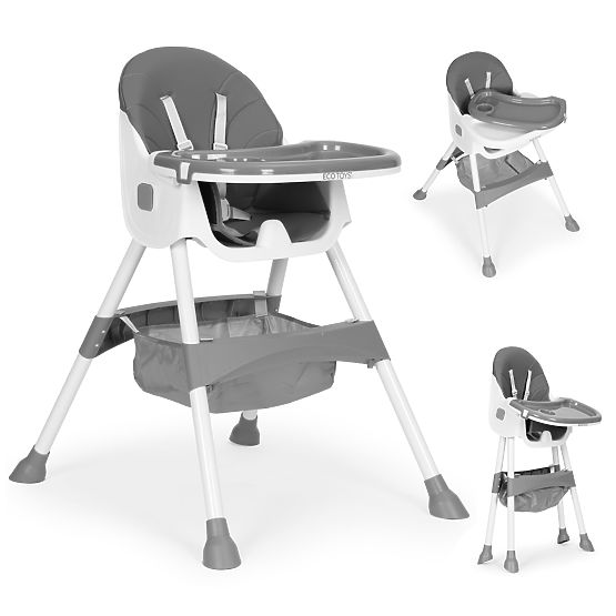 Gyerek etetőszék tálcával, kosárral, 5 pontos övekkel, szürke ECOTOYS