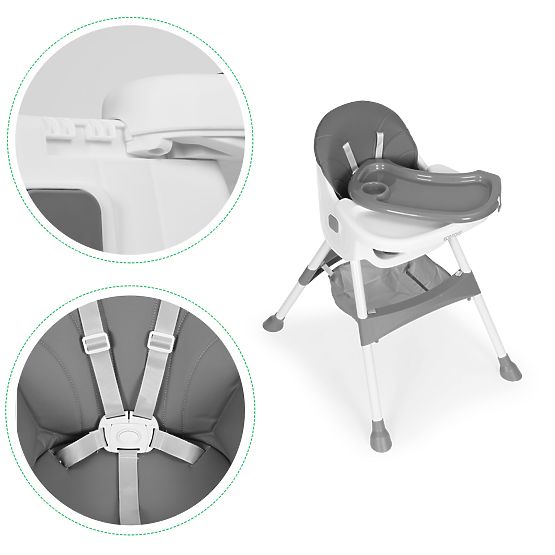 Gyerek etetőszék tálcával, kosárral, 5 pontos övekkel, szürke ECOTOYS