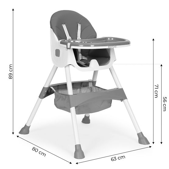 Gyerek etetőszék tálcával, kosárral, 5 pontos övekkel, szürke ECOTOYS