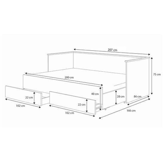 HELIOS kihúzható ágy két fiókkal matrac nélkül 200x80/200x160