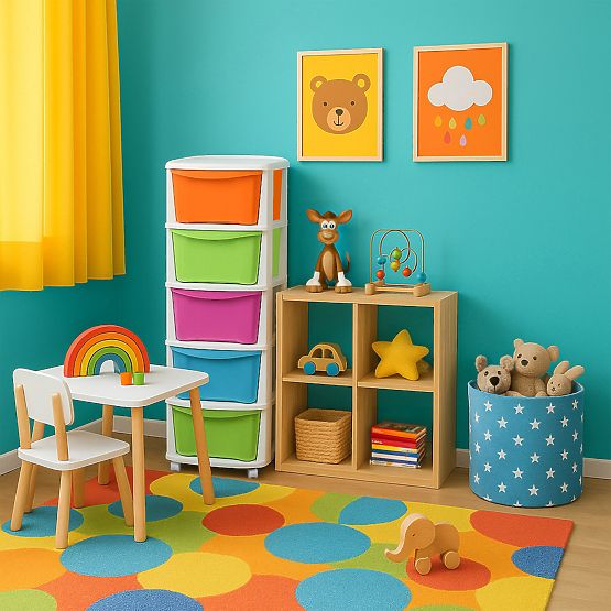 Játék tároló konténer 5 fiókkal, kerekeken