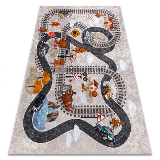 JUNIOR 51986.803 mosó szőnyeg Sínek, mozdony gyerekeknek csúszásmentes - szürke