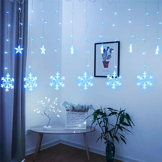 Karácsonyi világítási függöny 138LED hópelyhek és csillagok fényfüzérek