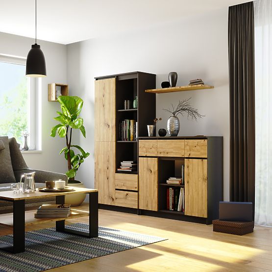 KOMÓD K100 2D 3SZ 1P PK GRAFIT SZÜRKE / ARTISAN TÖLGY