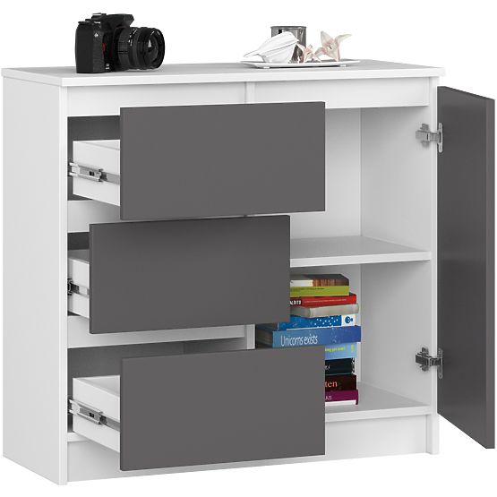 KOMÓD K80 JERRY 1D 3SZ PK FEHÉR / GRAFIT SZÜRKE