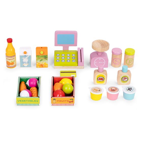 Nagy fa gyerek stand terminállal és mérleggel gyümölcsök zöldségek 20 elemmel ECOTOYS