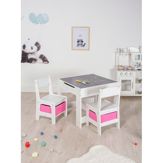 Ourbaby gyerekasztal székekkel rózsaszín dobozokkal