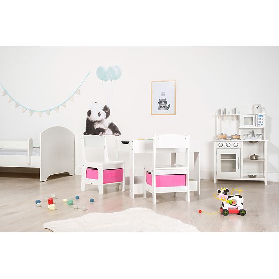 Ourbaby gyerekasztal székekkel rózsaszín dobozokkal