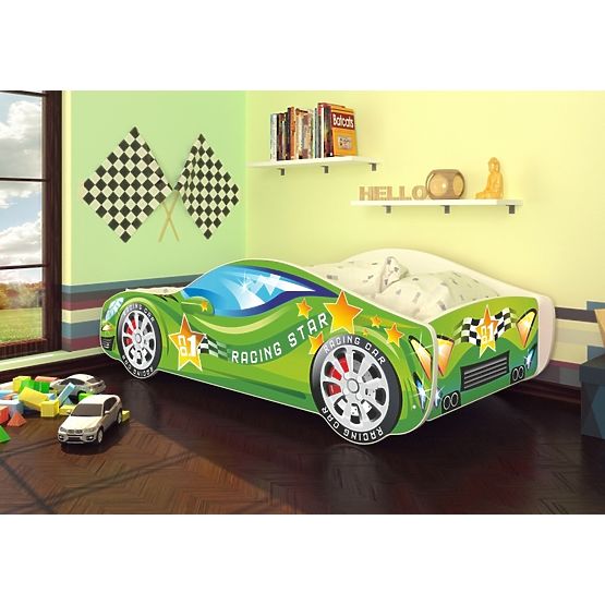 OURBABY gyerekágy - zöld versenyautó + matrac ingyen