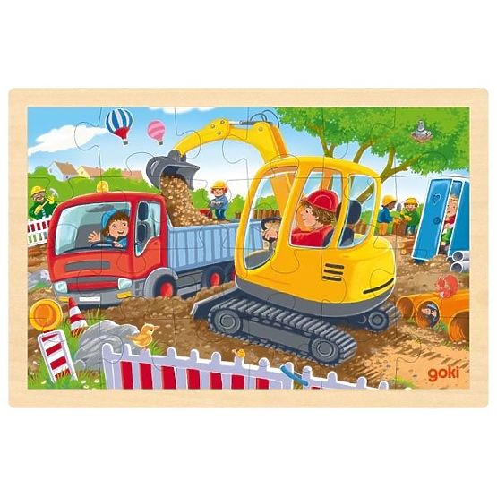 Puzzle állvánnyal, építőipari járművek