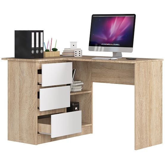 SAROK ÍRÓASZTAL B16 124 cm BAL 3 FIÓK TÖLGY SONOMA / FEHÉR