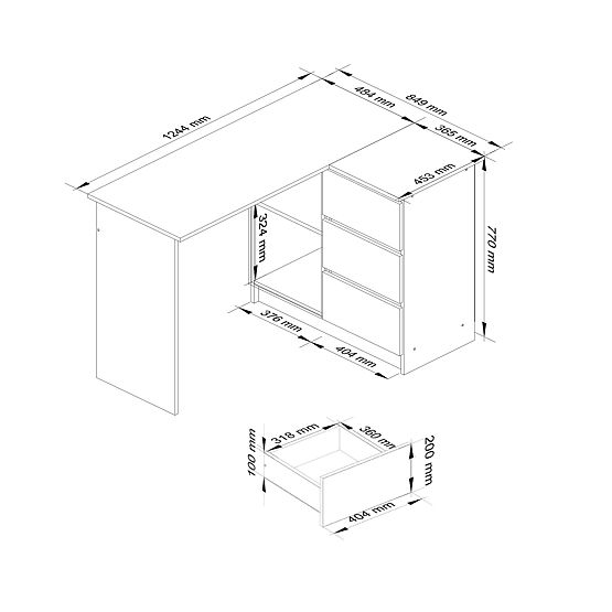 SAROK ÍRÓASZTAL B16 124 cm JOBB 3 FIÓK FEHÉR / FEKETE FÉNYES